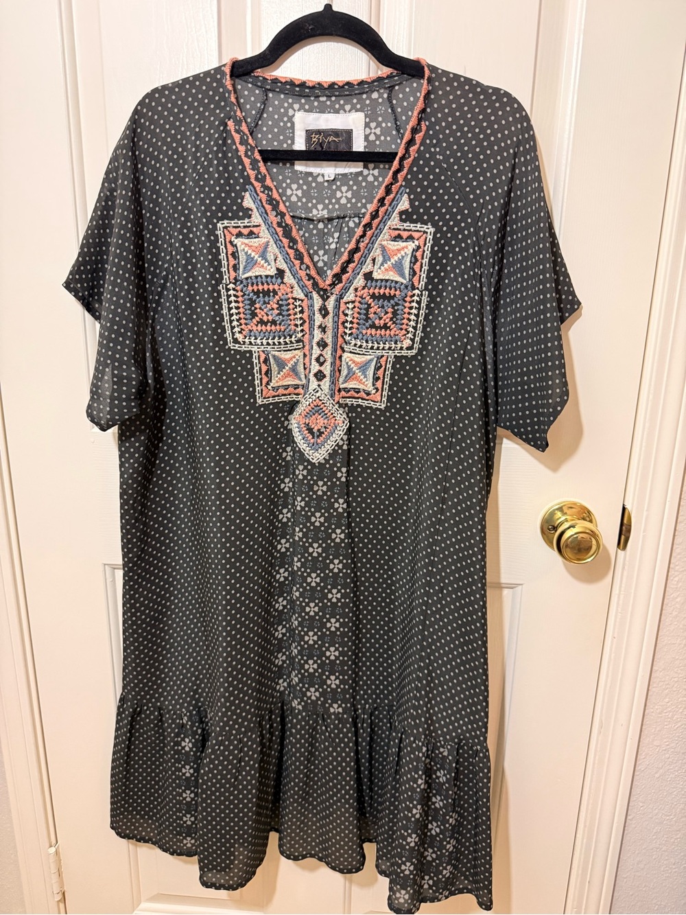 Johnny Was Black Polka Dot Tunic with Coral and Blue Embroidery